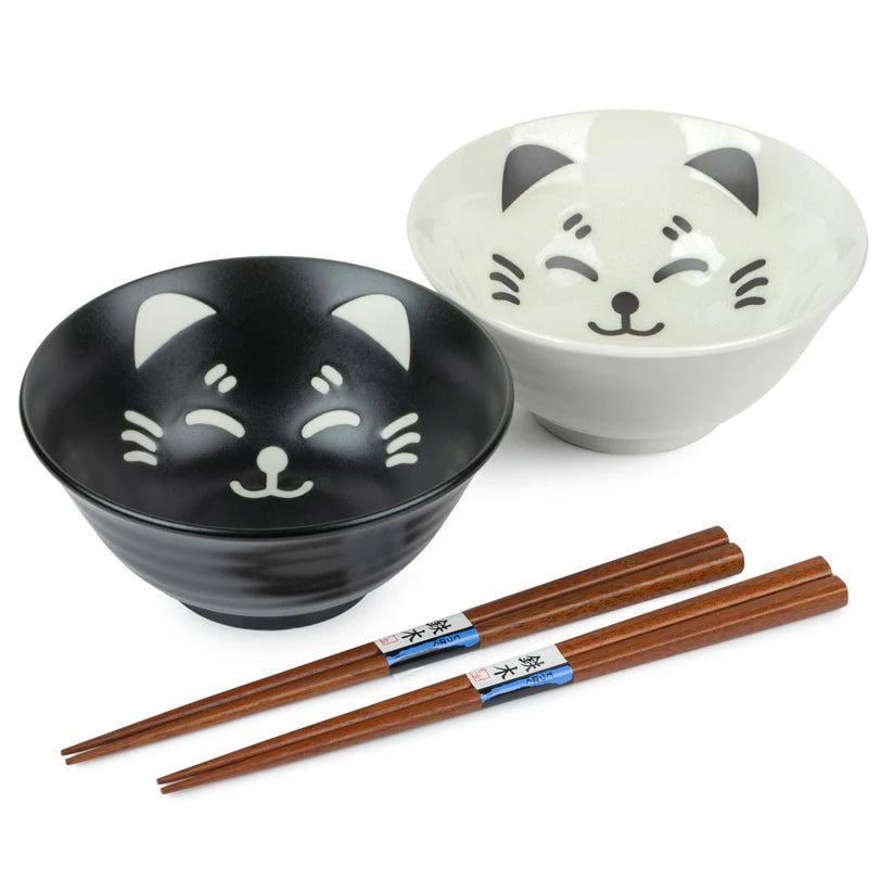 Black and White Lucky Cat Japanese Bowl Set - japansnacks.co.uk