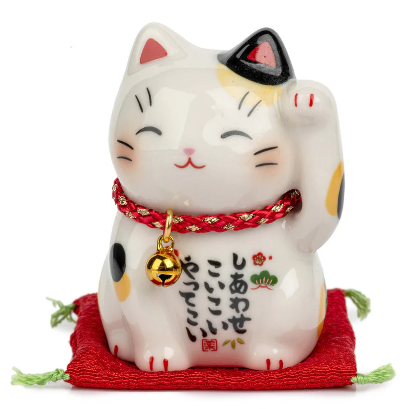 Happiness Japanese Lucky Cat and Red Cushion - japansnacks.co.uk