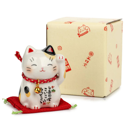 Happiness Japanese Lucky Cat and Red Cushion - japansnacks.co.uk